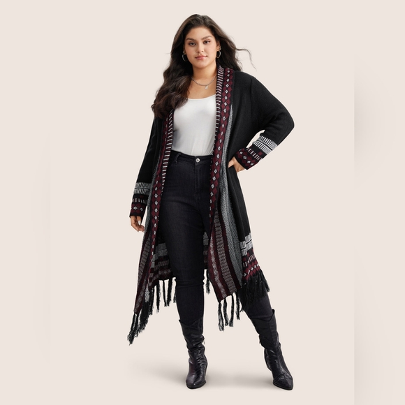 NEW NWT Bloomchic Plus Size Black Bandana Print Fringe Trim Maxi Cardigan  3X - Picture 5 of 12